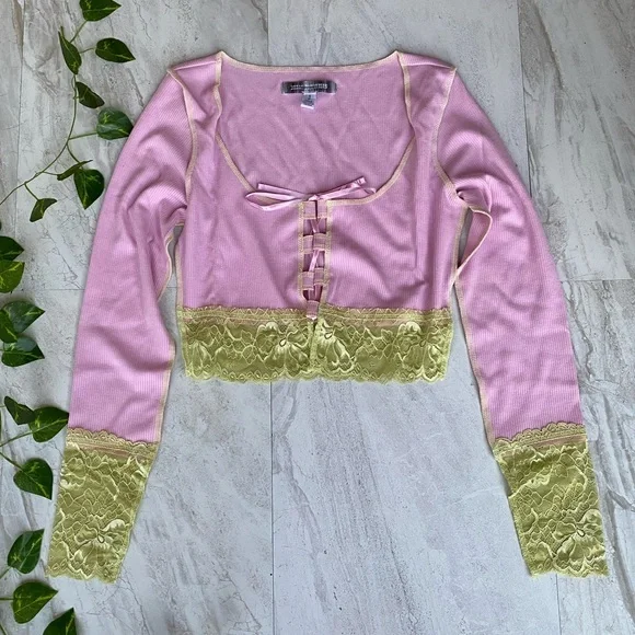 Urban Outfitters Top Long Sleeve Lace Tie Up Cleavage Crop Top Shirt Rave Sexy - Picture 3 of 10